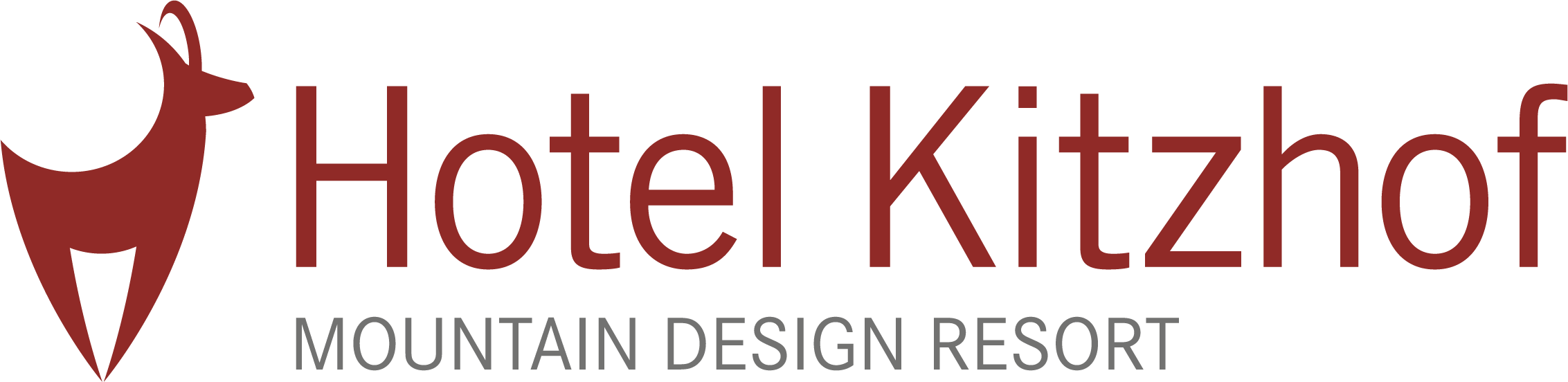 Ein stilvolles Logo des Hotels Kitzhof, das eine Berglandschaft symbolisiert. Die Farben sind rot und grau, was ein modernes Design vermittelt.