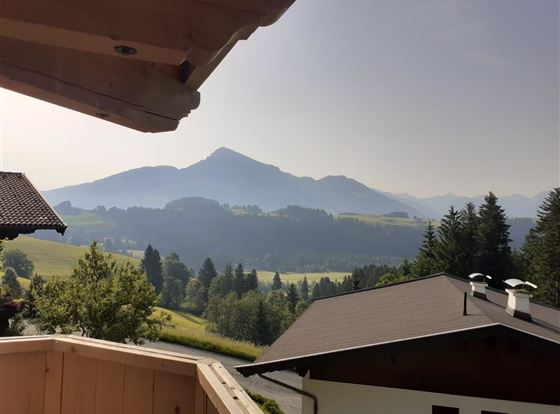 Eine malerische Berglandschaft mit sanften Hügeln und Bäumen. Im Hintergrund erheben sich majestätische Berge unter einem klaren Himmel.