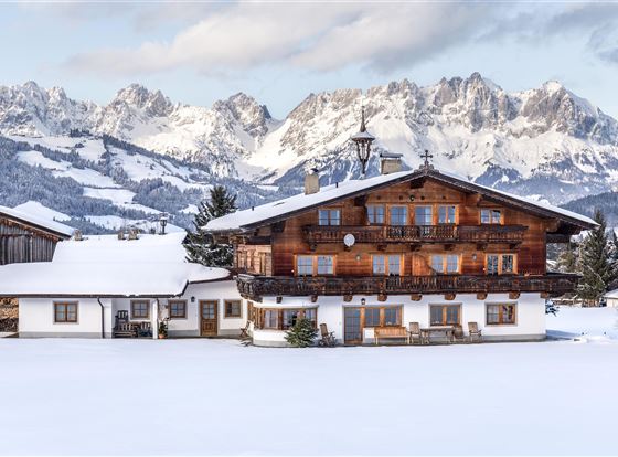 Ein alpenländisches Holzhaus liegt in einer schneebedeckten Landschaft. Im Hintergrund erheben sich majestätische Berge unter einem klaren Himmel.