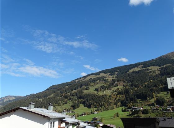 Eine malerische Landschaft mit grünen Hügeln und dichten Wäldern. Der Himmel ist klar und blau, mit wenigen Wolken.