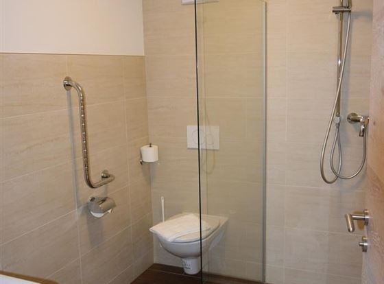 Ein modernes Badezimmer mit einer Dusche und einer Toilette. Die Wände sind hell gefliest, und der Boden ist aus braunen Fliesen.
