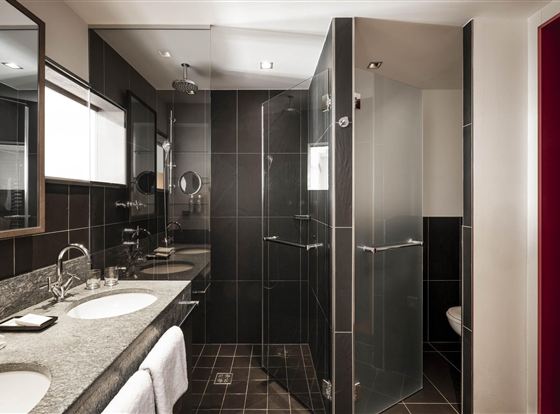 A modern bathroom with dark tiles and two sinks. The shower is glass and the room is well lit.