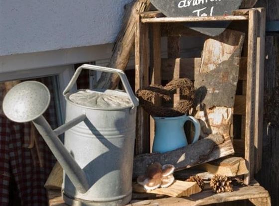 Eine rustikale Dekoration mit einer Gießkanne, einem Eimer und einem blauen Behälter auf Holzgestellen. Ein schwarzes Schild mit einer handgeschriebenen Botschaft ergänzt das Arrangement.