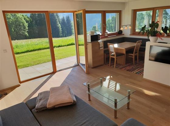Ein modernes Wohnzimmer mit großen Fenstern und Blick auf eine grüne Wiese. Der Raum ist hell und einladend, mit einem Tisch und Stühlen sowie einer gemütlichen Couch.