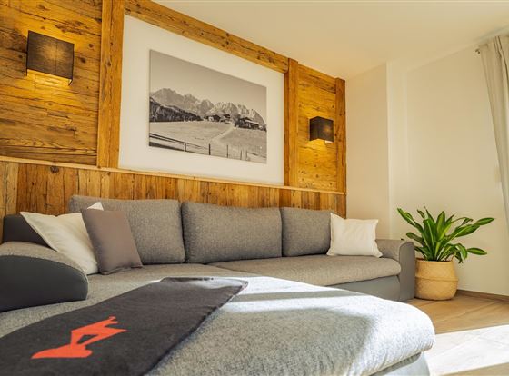 Ein modernes Wohnzimmer mit einer grauen Couch und gemütlichen Kissen. An der Wand hängt ein großes Bild von Bergen und eine Pflanze steht in einem Topf.