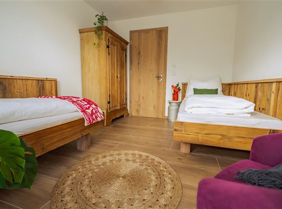 Ein einfaches Zimmer mit zwei Holzbettgestellen und einer rustikalen Kommode. Der Raum hat einen warmen Fußboden und ist mit einer Pflanze sowie einer kleinen Teppich dekoriert.