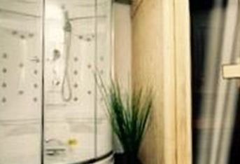 Ein modernes Badezimmer mit einer gläsernen Dusche und einer Holzsauna. Grünes Pflanzenarrangement sorgt für eine entspannende Atmosphäre.