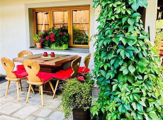 Ein gemütlicher Essbereich im Freien mit einem Holztisch und Stühlen. Die Fenster sind mit bunten Blumen dekoriert, und eine Pflanzenranke verweilt an der Wand.