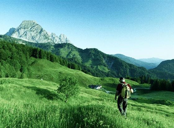 Eine malerische Berglandschaft mit grünen Wiesen und majestätischen Bergen im Hintergrund. Ein Wanderer erkundet die ruhige Natur.