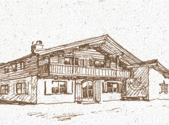 Eine Skizze eines traditionellen Alpenhauses mit einem geneigten Dach und einem Balkon. Das Haus ist von Holzverkleidung geprägt und vermittelt ein gemütliches, rustikales Gefühl.