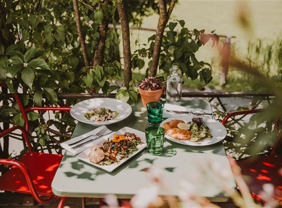 Ein schöner Tisch im Freien mit mehreren Tellern leckerem Essen. Umgeben von Pflanzen und mit buntem Geschirr.