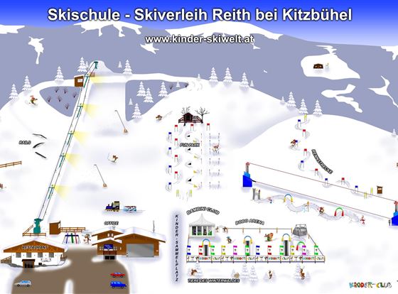Eine übersichtliche Karte der Skischule in Reith bei Kitzbühel. Sie zeigt die Pisten, Lifte und das Schulgebäude in einer verschneiten Berglandschaft.