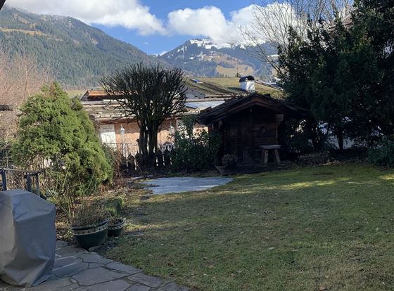 Ein schöner Garten mit grünen Pflanzen und einer gemütlichen Laube. Im Hintergrund sind Berge und ein blauer Himmel zu sehen.
