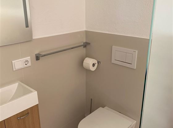 Ein modernes Badezimmer mit einem Toilettenbereich und einem Handwaschbecken. Die Wände sind hell gehalten und der Raum wirkt sauber und minimalistisch.