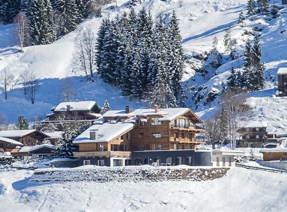 Ein malerisches Bergdorf im Schnee mit mehreren Holzchalets. Die Umgebung ist von hohen, grünen Tannen und schneebedeckten Hängen geprägt.