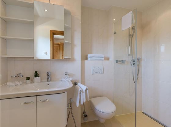 Ein modernes Badezimmer mit einer Dusche und einem Waschbecken. Die Wände sind hell und es gibt Regale für Handtücher.