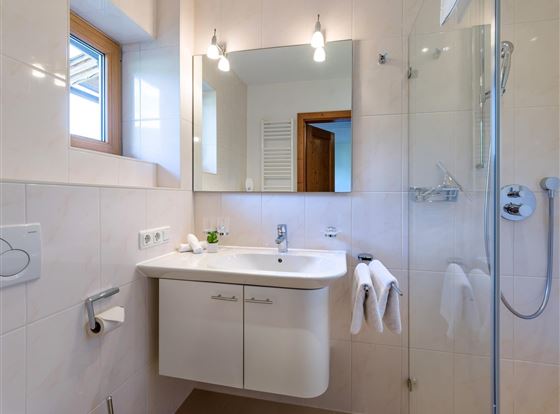 Ein modernes Badezimmer mit einer Dusche und einem Waschbecken. Das Licht ist freundlich und der Raum wirkt sauber und einladend.