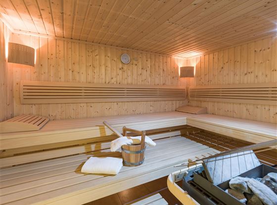 Eine gemütliche Sauna mit Holzwänden und Bänken. In der Ecke stehen ein Eimer und ein Handtuch.