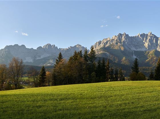 Eine malerische Landschaft mit grünen Wiesen und beeindruckenden Bergen im Hintergrund. Der Himmel ist klar und vermittelt eine friedliche Atmosphäre.