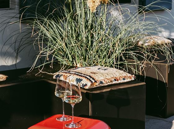 Eine stilvolle Terrasse mit einer roten Sitzgelegenheit und Gläsern auf einem kleinen Tisch. Im Hintergrund steht dekoratives Pampasgras und ein Kissen verleitet zur Entspannung.