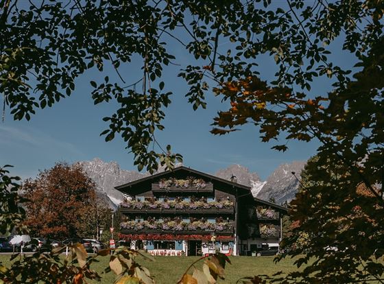 Ein charmantes Gebäude mit Blumenkästen, umgeben von bunten Bäumen. Im Hintergrund sind die Berge sichtbar und der Himmel ist klar.
