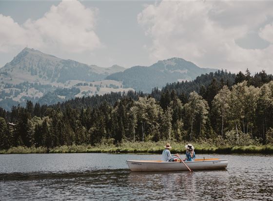 Ein Boot fährt auf einem ruhigen See, umgeben von grünen Bäumen und Bergen. Der Himmel ist leicht bewölkt und die Landschaft wirkt friedlich.