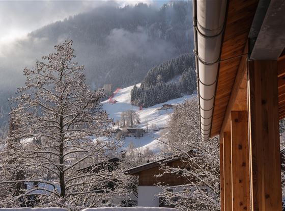 Eine verschneite Winterlandschaft mit schneebedeckten Bäumen und einer berghügeligen Kulisse. Im Vordergrund sind Holzgebäude sichtbar, die eine gemütliche Atmosphäre schaffen.