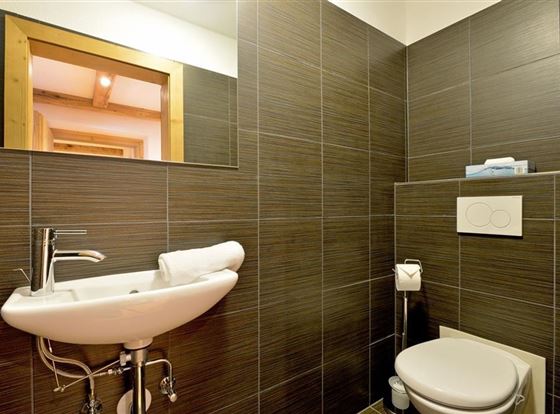 Ein modernes Badezimmer mit braunen Fliesen. Es gibt ein Waschbecken, eine Toilette und einen Spiegel.