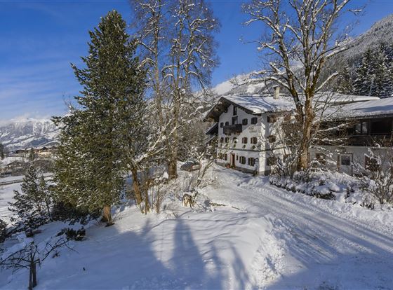 Eine verschneite Landschaft mit einem gemütlichen Haus und hohen Bäumen. Der Himmel ist klar und die Berge sind im Hintergrund sichtbar.