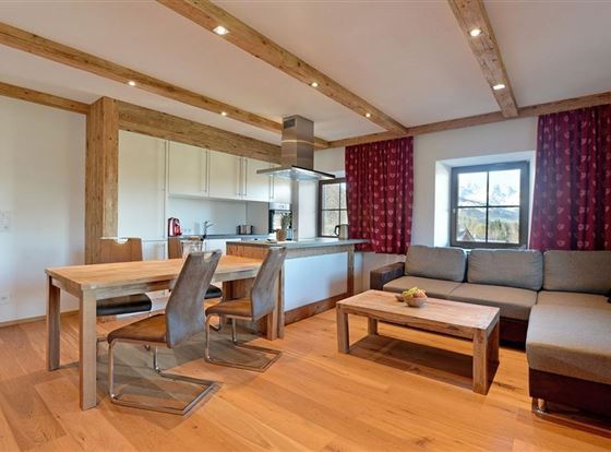 Eine moderne Wohnung mit einem offenen Wohn- und Essbereich. Die Möbel sind aus Holz und die Fenster sorgen für viel Licht.