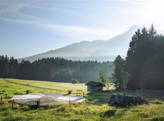 Eine ruhige Landschaft mit grünem Wiesen und einem kleinen Holzhaus. Im Hintergrund erheben sich sanfte Berge unter einem klaren Himmel.