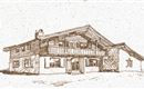 Eine Skizze eines traditionellen Alpenhauses mit einem geneigten Dach und einem Balkon. Das Haus ist von Holzverkleidung geprägt und vermittelt ein gemütliches, rustikales Gefühl.