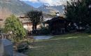 Ein schöner Garten mit grünen Pflanzen und einer gemütlichen Laube. Im Hintergrund sind Berge und ein blauer Himmel zu sehen.