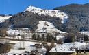 Eine verschneite Berglandschaft mit grünen Bäumen und traditionellen Chalets im Vordergrund. Der Himmel ist klar und blau, während die Bergspitze in der Sonne glänzt.